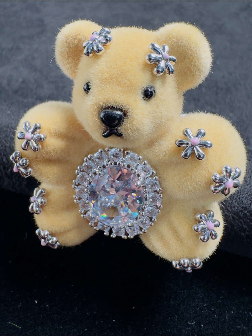 Plush Yellow Teddy Hair Clip with Sparkling Crystal Center